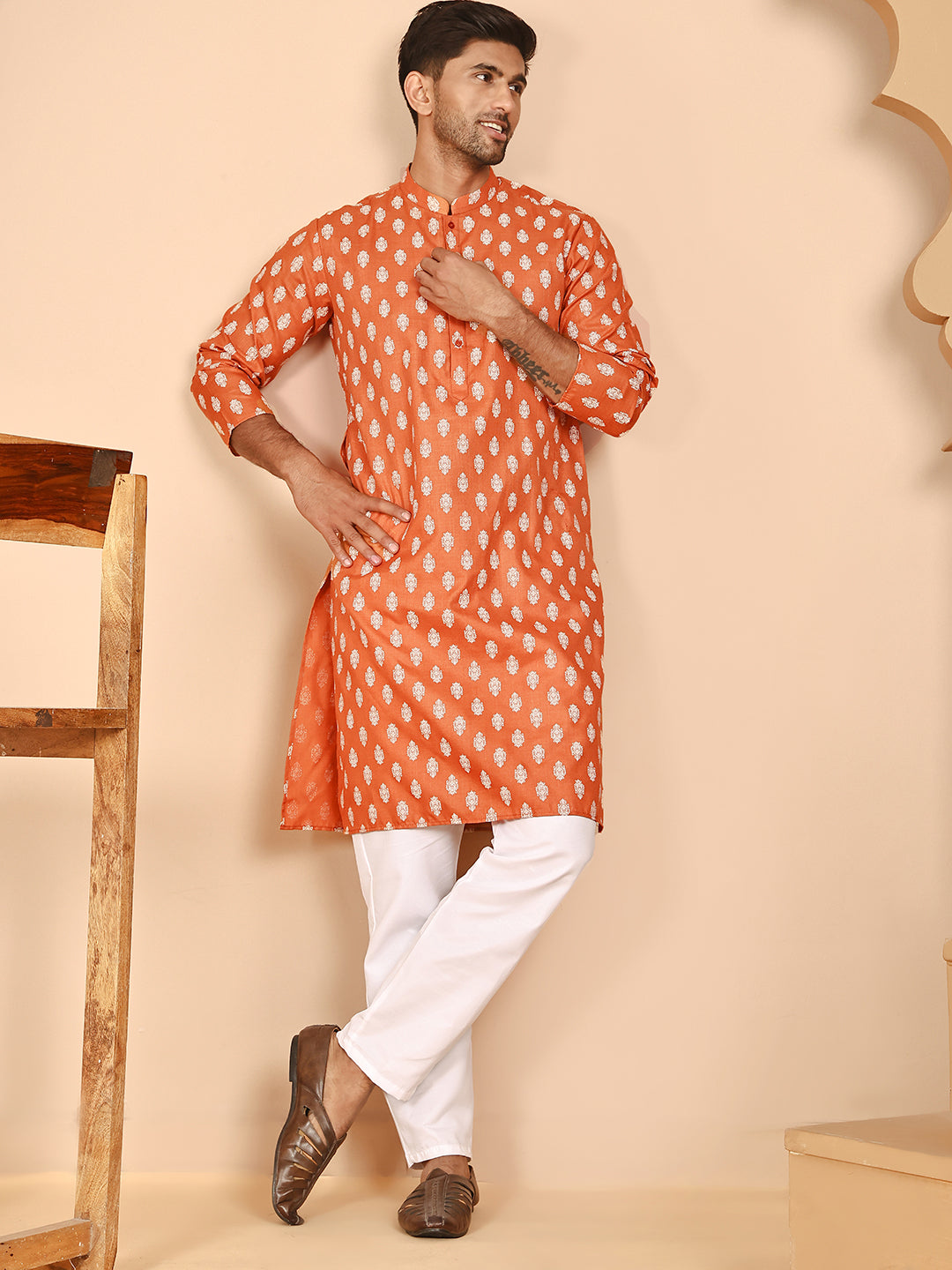 Floral Printed Kurta With Churidar For Men