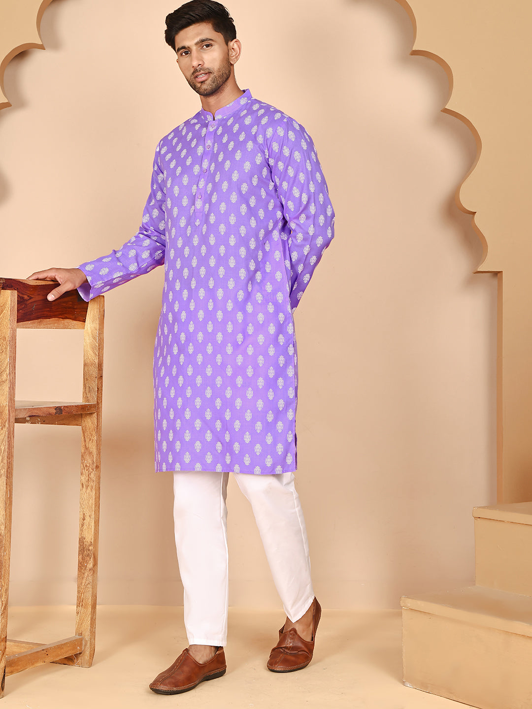 Floral Printed Kurta With Churidar For Men