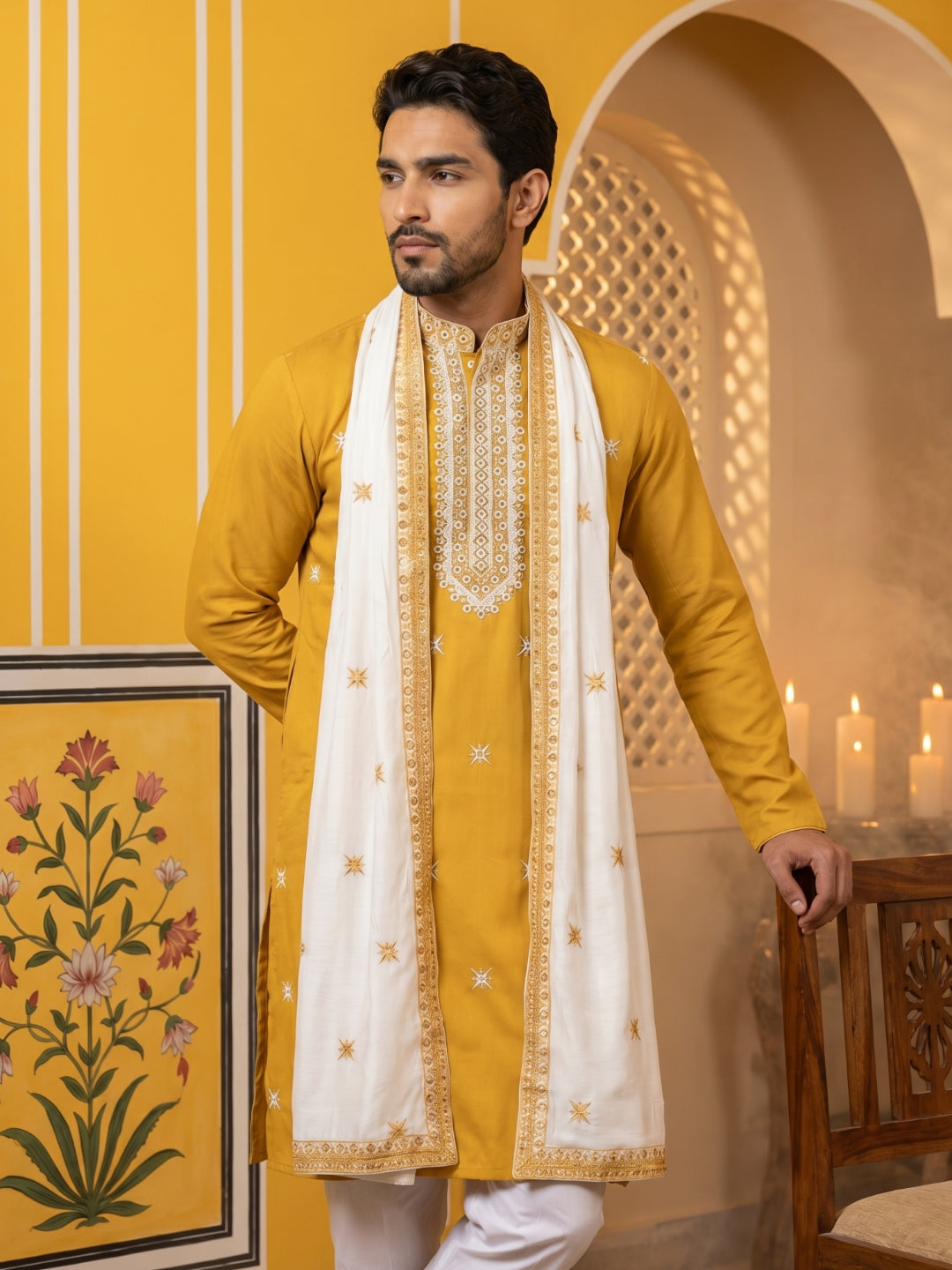 Embroidered Silk Blend Kurta Pyjama And Dupatta Set For Men
