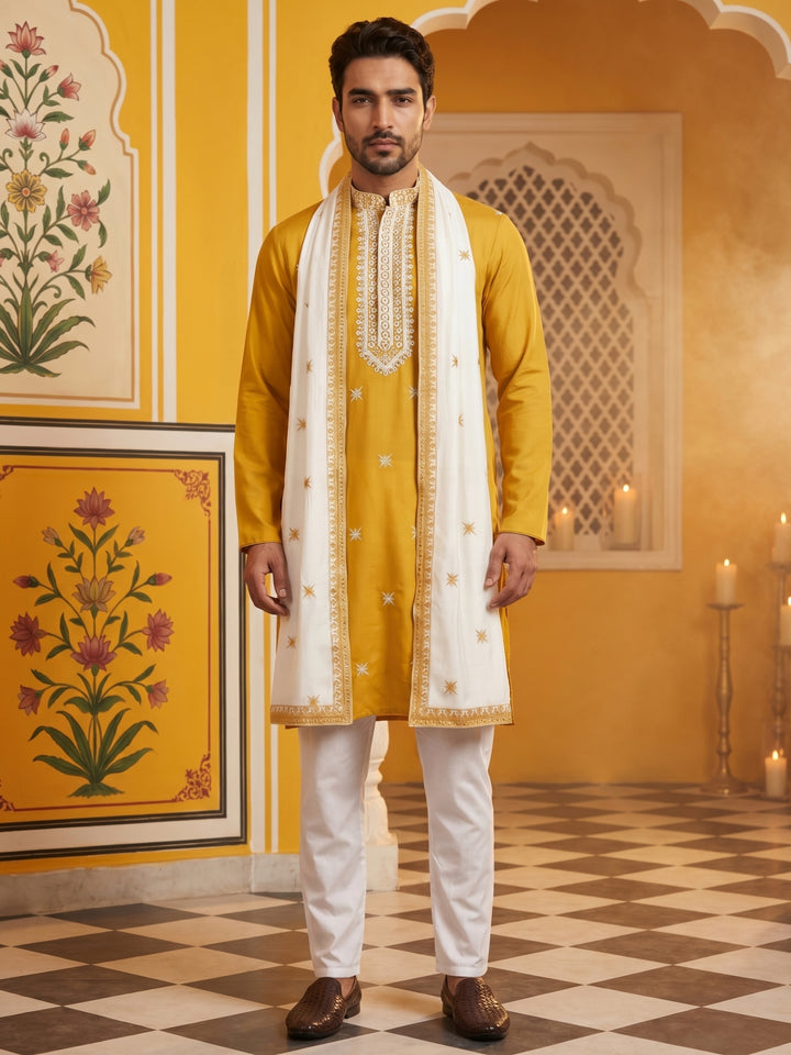 Embroidered Silk Blend Kurta Pyjama And Dupatta Set For Men
