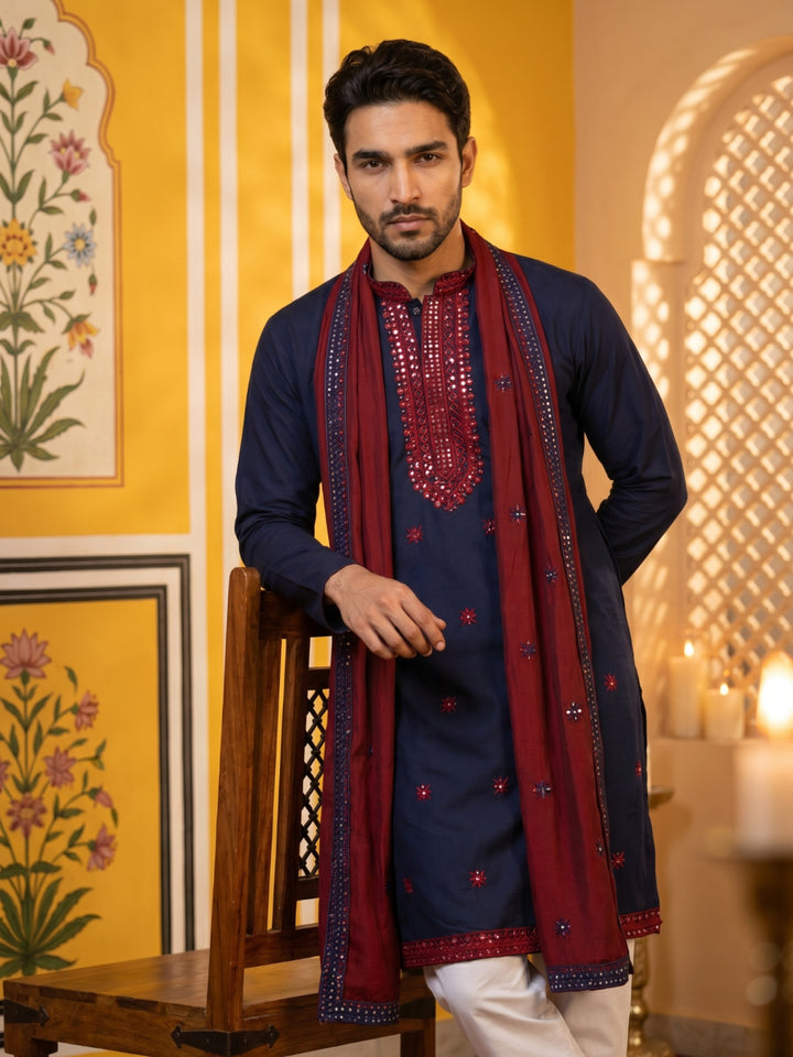 Embroidered Silk Blend Kurta Pyjama And Dupatta Set For Men
