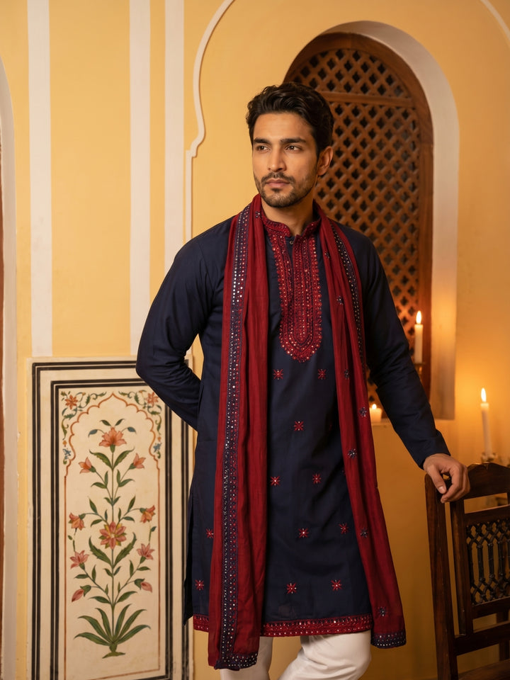 Embroidered Silk Blend Kurta Pyjama And Dupatta Set For Men