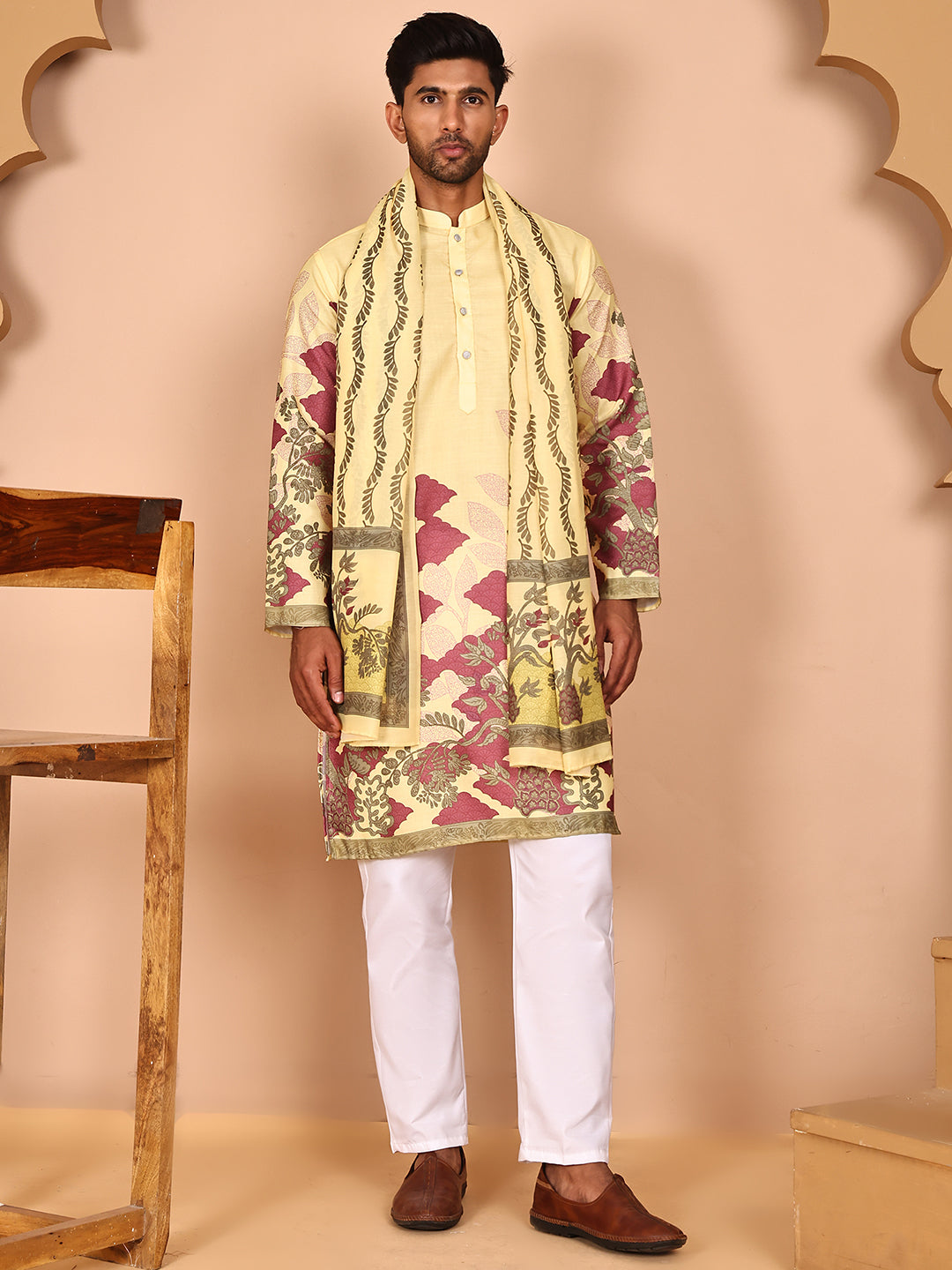 Floral Printed Yellow Cotton Blend Kurta Set With Dupatta