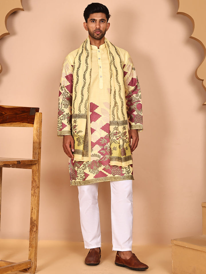 Floral Printed Yellow Cotton Blend Kurta Set With Dupatta