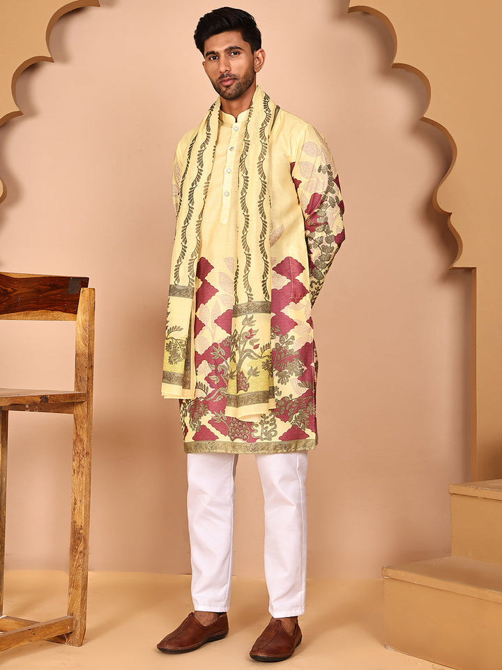 Floral Printed Yellow Cotton Blend Kurta Set With Dupatta