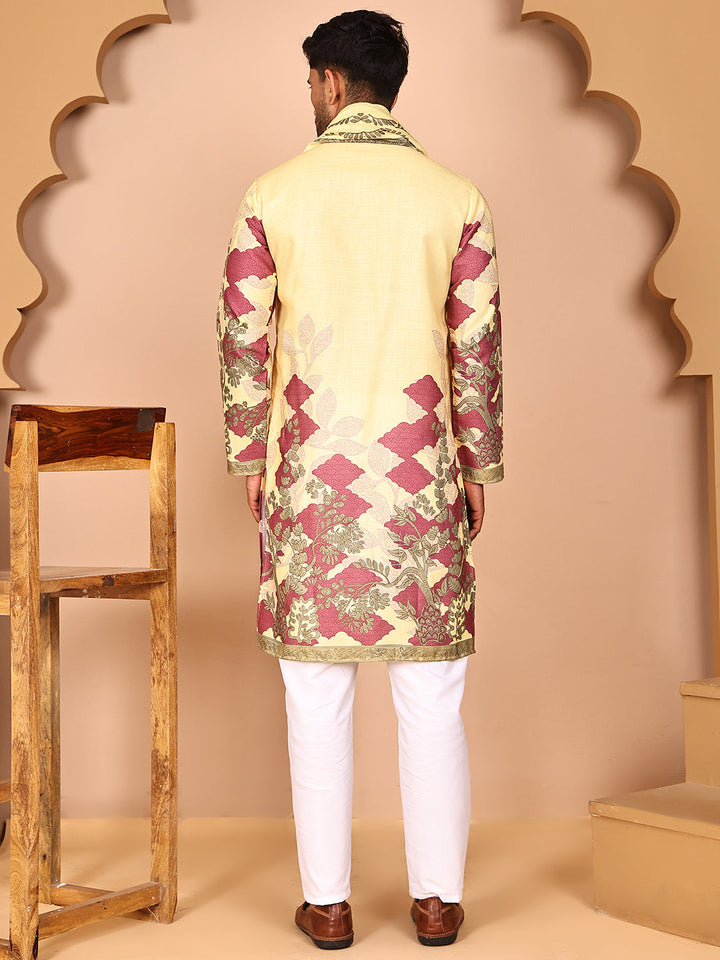 Floral Printed Yellow Cotton Blend Kurta Set With Dupatta