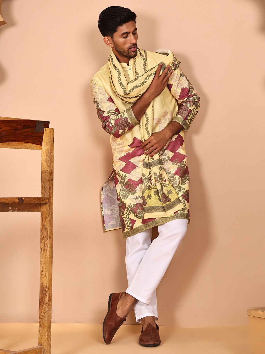 Floral Printed Yellow Cotton Blend Kurta Set With Dupatta