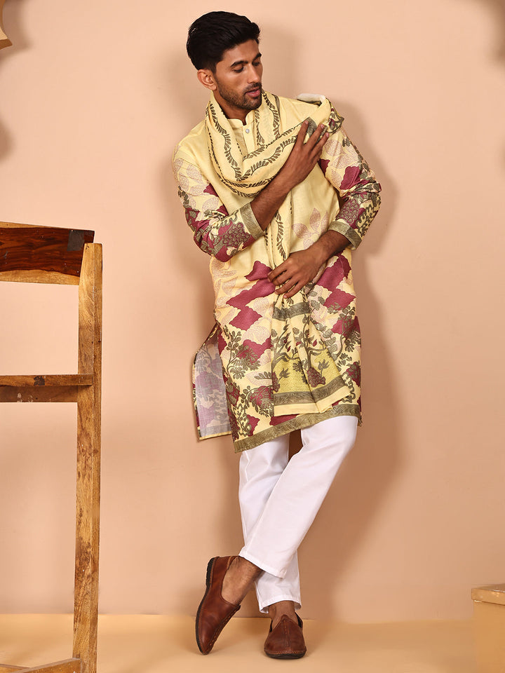 Floral Printed Yellow Cotton Blend Kurta Set With Dupatta