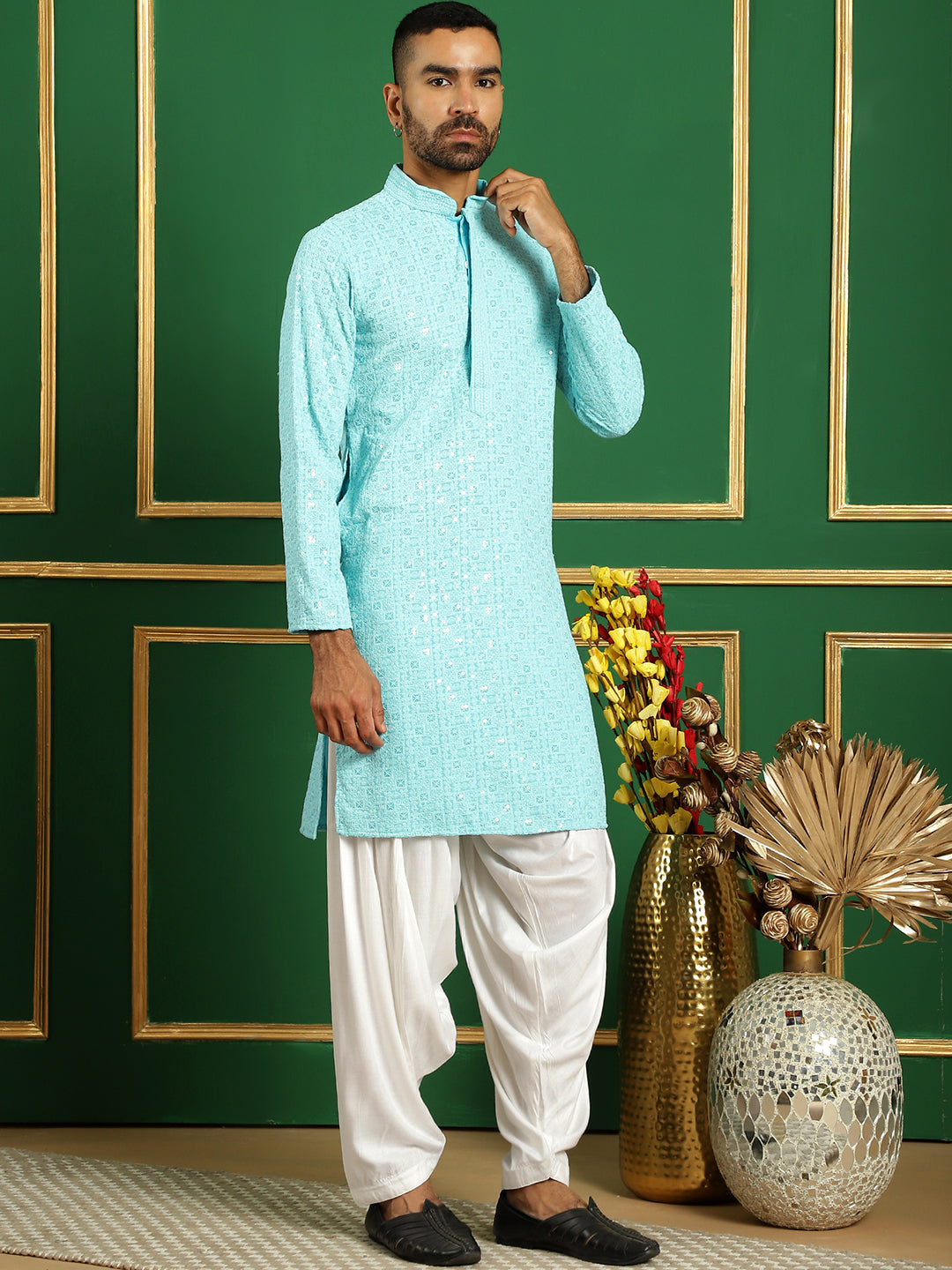 Men Blue Embroidered And Sequence Kurta With Salwar