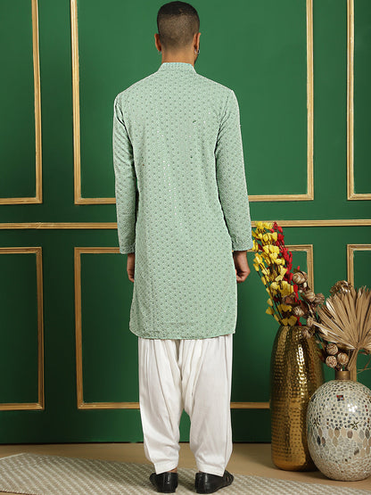 Men Pista Green Embroidered And Sequence Kurta With Salwar