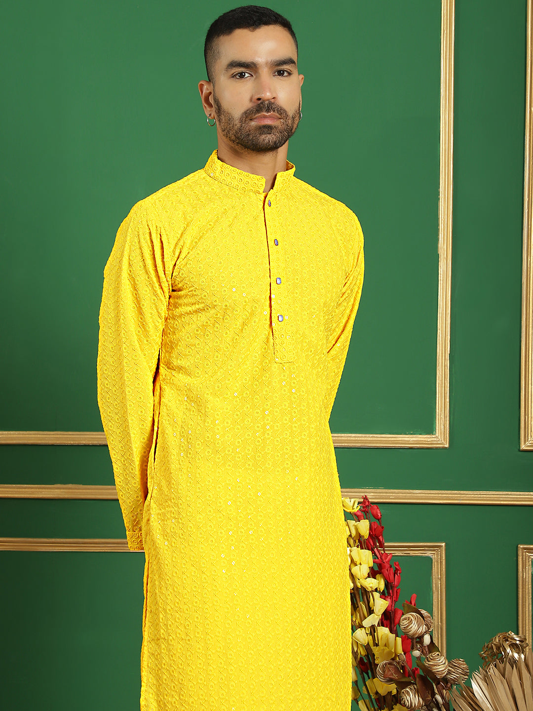 Men Yellow Embroidered And Sequence Kurta With Salwar