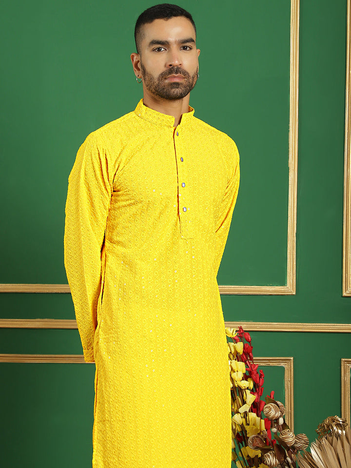 Men Yellow Embroidered And Sequence Kurta With Salwar