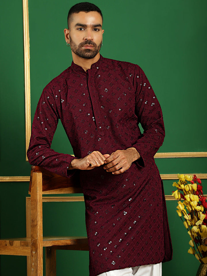 Men Purple Embroidered And Sequence Kurta With Salwar
