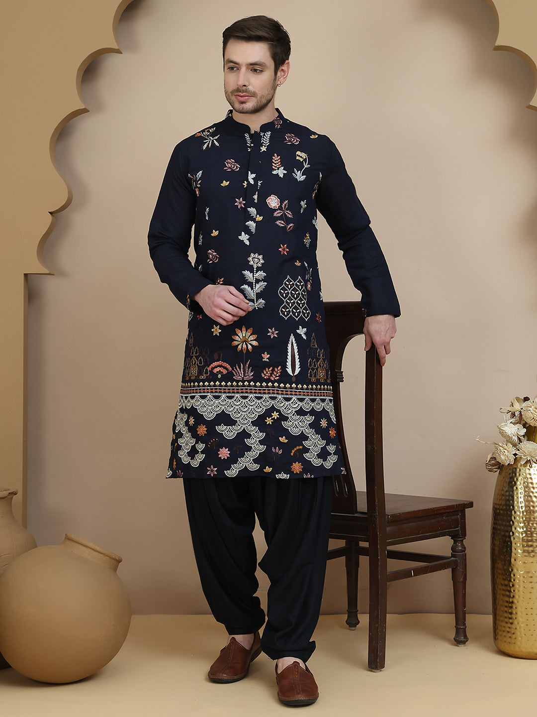 Embroidered Silk Blend Kurta With White Salwar