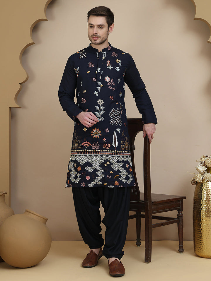 Embroidered Silk Blend Kurta With White Salwar
