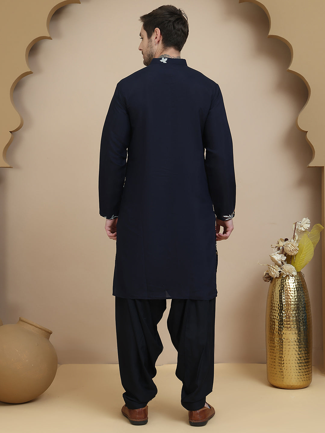 Embroidered Silk Blend Kurta With White Salwar
