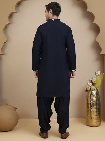 Embroidered Silk Blend Kurta With White Salwar