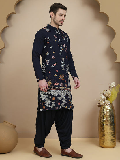 Embroidered Silk Blend Kurta With White Salwar