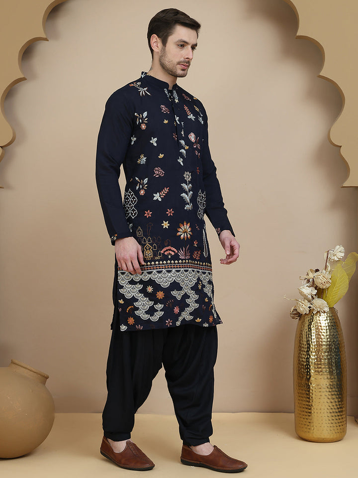 Embroidered Silk Blend Kurta With White Salwar