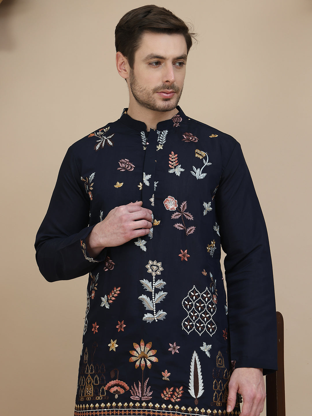 Embroidered Silk Blend Kurta With White Salwar