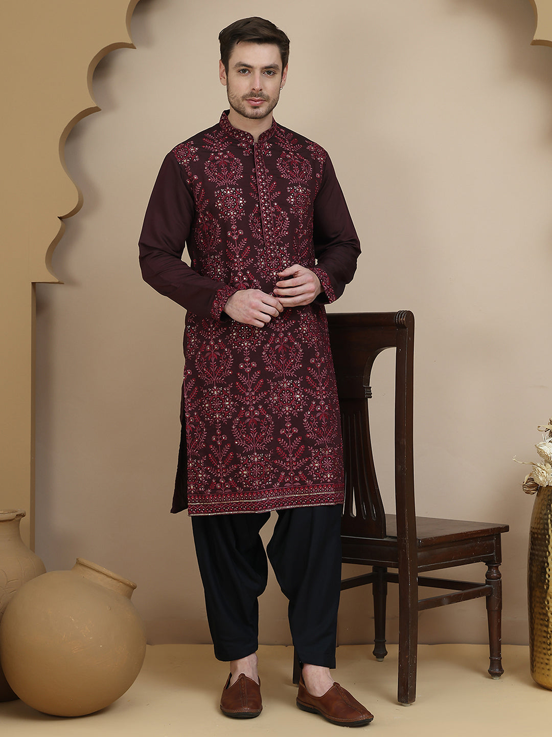 Embroidered Silk Blend Kurta With Salwar