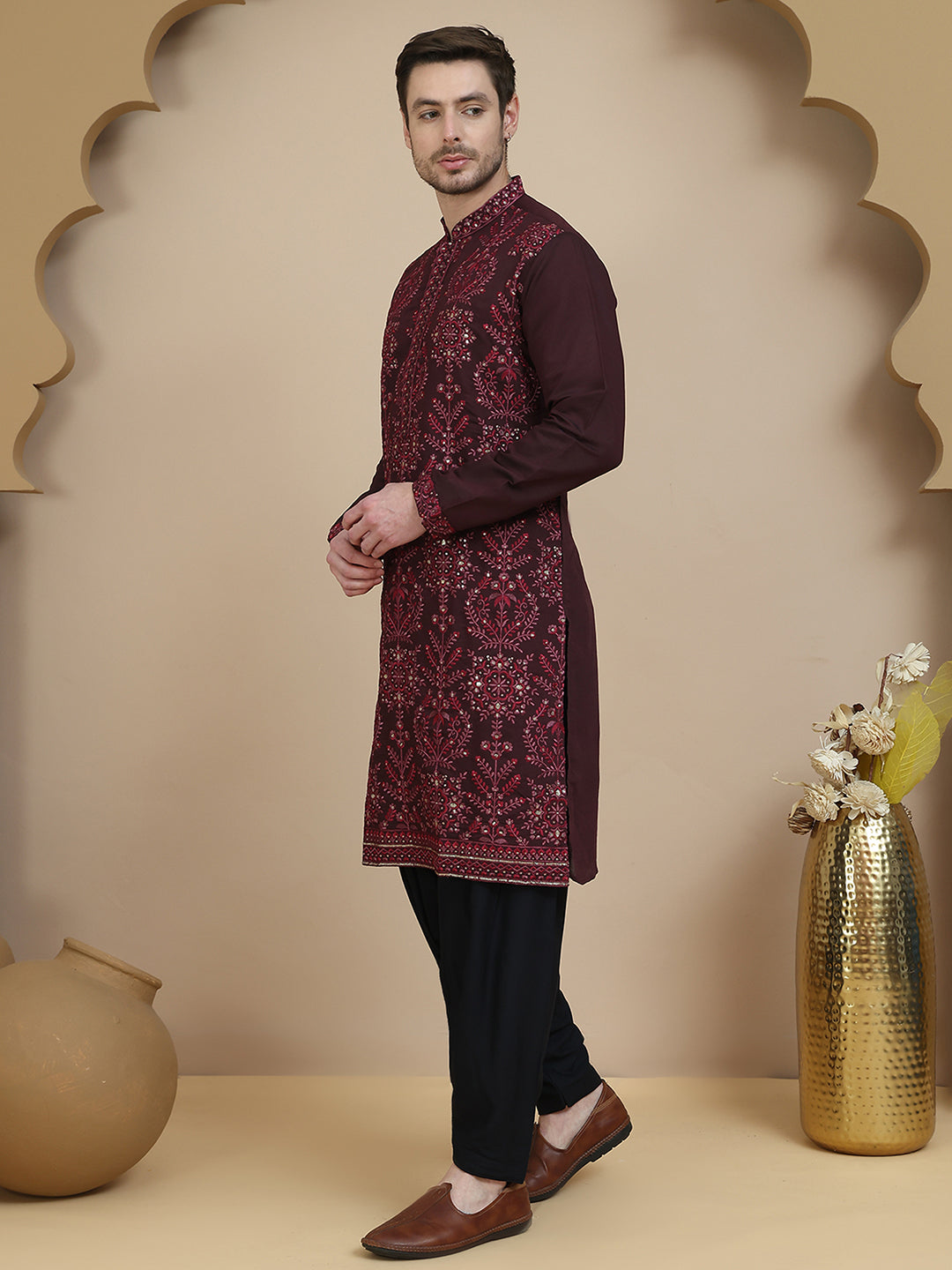 Embroidered Silk Blend Kurta With Salwar