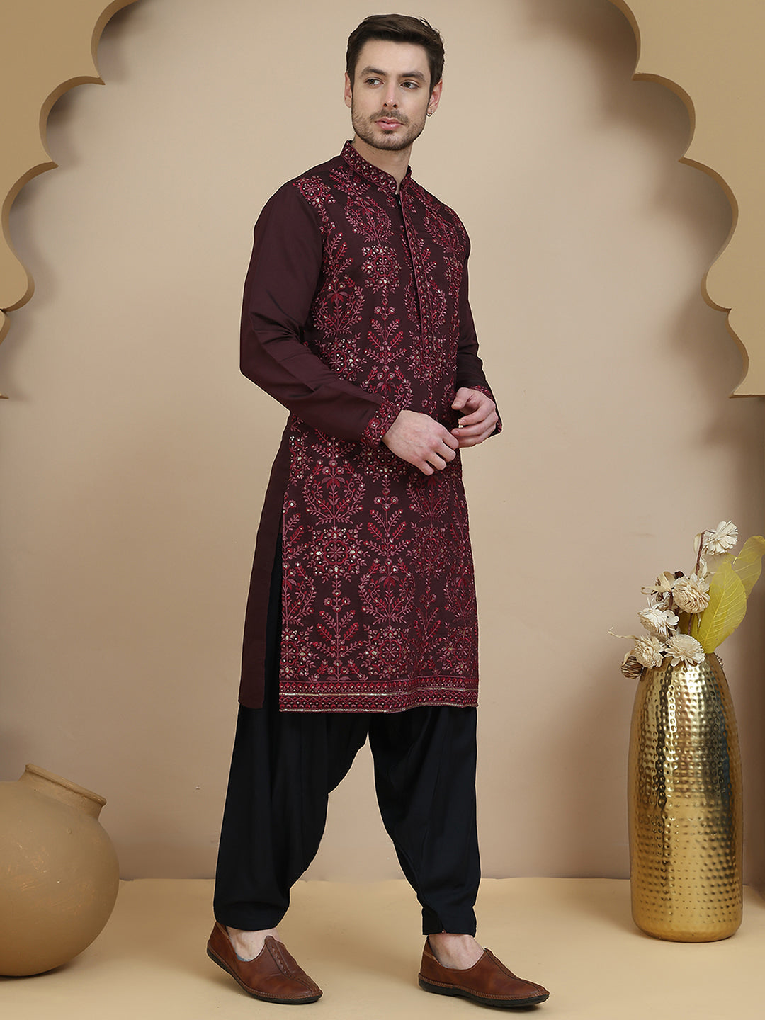Embroidered Silk Blend Kurta With Salwar
