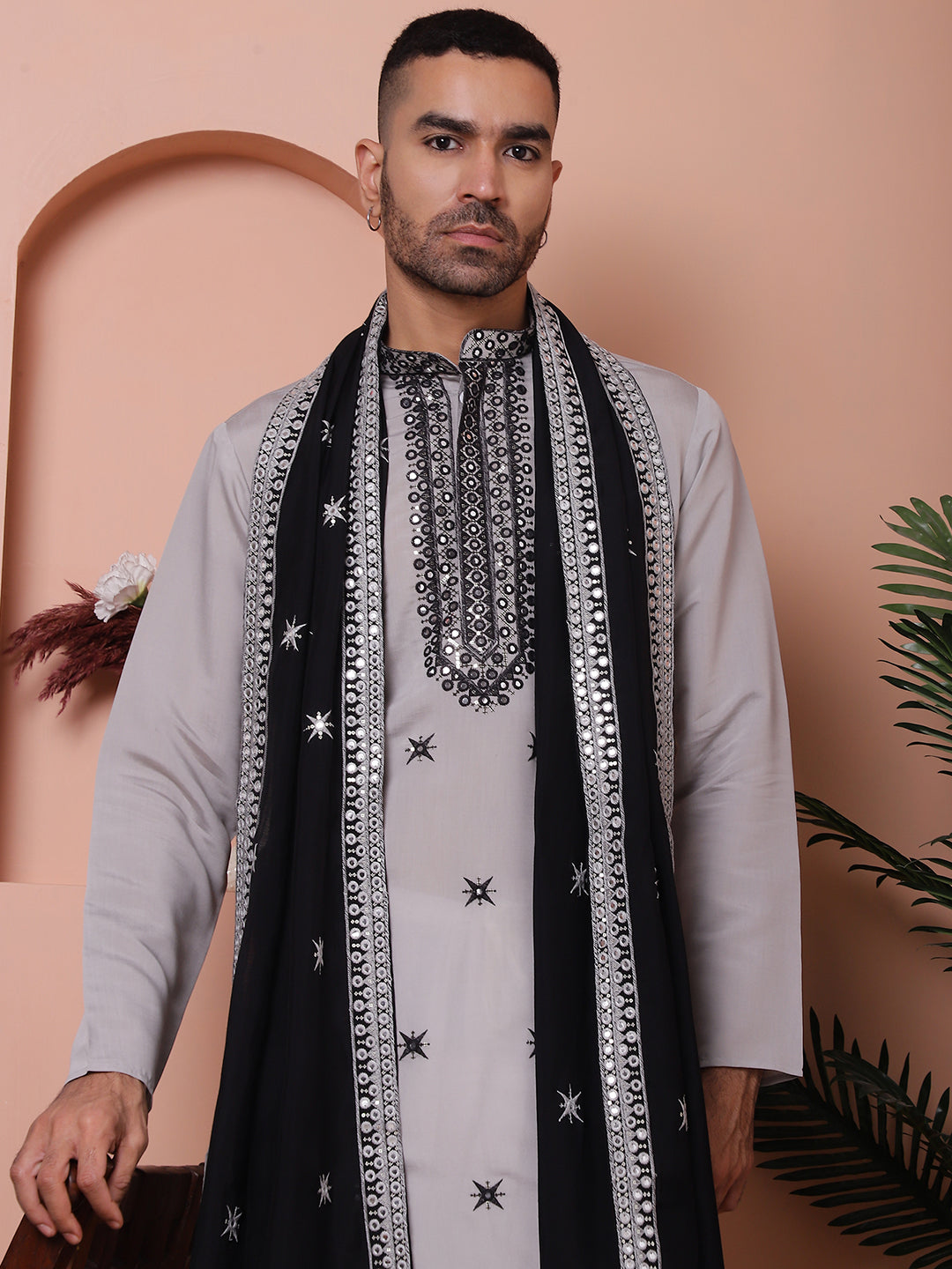 Embroidered Grey Silk Blend Kurta Salwar And Dupatta Set For Men