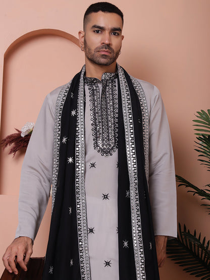 Embroidered Grey Silk Blend Kurta Salwar And Dupatta Set For Men