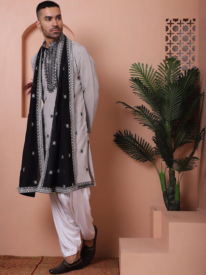 Embroidered Grey Silk Blend Kurta Salwar And Dupatta Set For Men