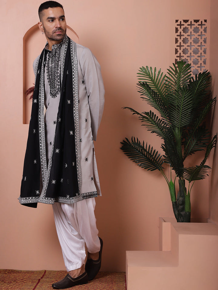 Embroidered Grey Silk Blend Kurta Salwar And Dupatta Set For Men