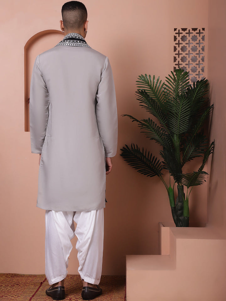 Embroidered Grey Silk Blend Kurta Salwar And Dupatta Set For Men