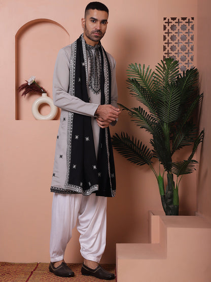 Embroidered Grey Silk Blend Kurta Salwar And Dupatta Set For Men