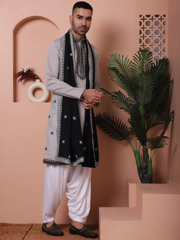 Embroidered Grey Silk Blend Kurta Salwar And Dupatta Set For Men