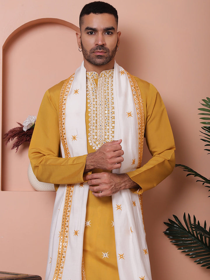 Embroidered Mustard Silk Blend Kurta Salwar And Dupatta Set For Men