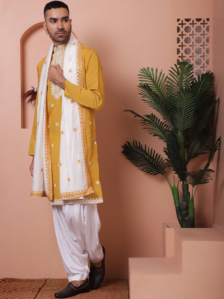 Embroidered Mustard Silk Blend Kurta Salwar And Dupatta Set For Men