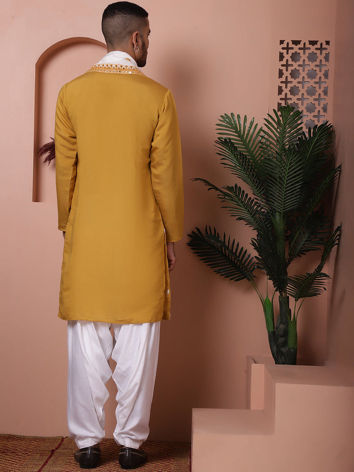 Embroidered Mustard Silk Blend Kurta Salwar And Dupatta Set For Men