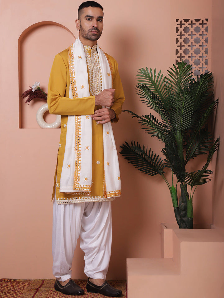 Embroidered Mustard Silk Blend Kurta Salwar And Dupatta Set For Men