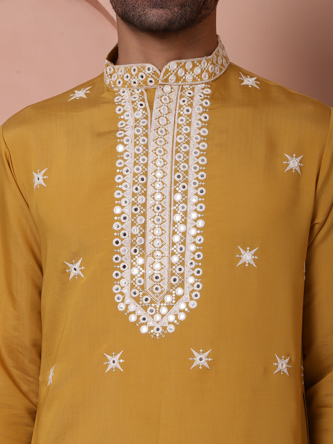 Embroidered Mustard Silk Blend Kurta Salwar And Dupatta Set For Men