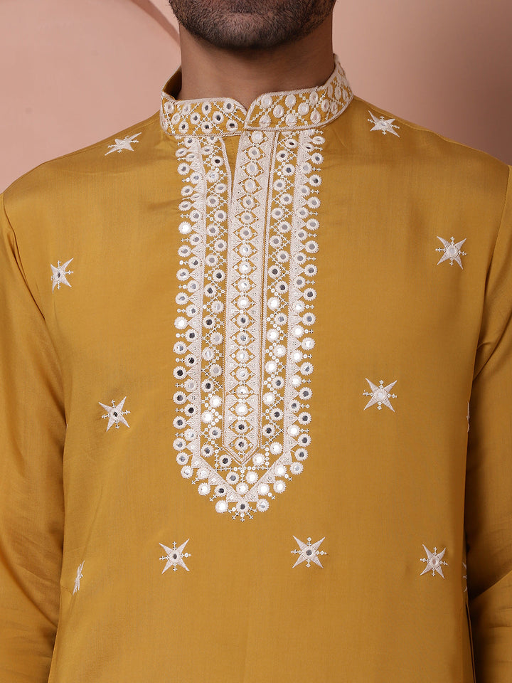 Embroidered Mustard Silk Blend Kurta Salwar And Dupatta Set For Men