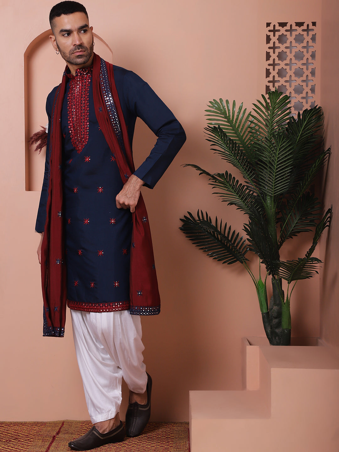 Embroidered Navy Blue Silk Blend Kurta Salwar And Dupatta Set For Men