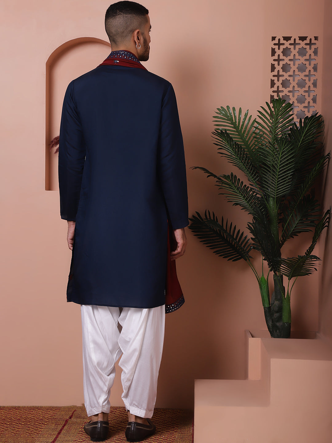 Embroidered Navy Blue Silk Blend Kurta Salwar And Dupatta Set For Men