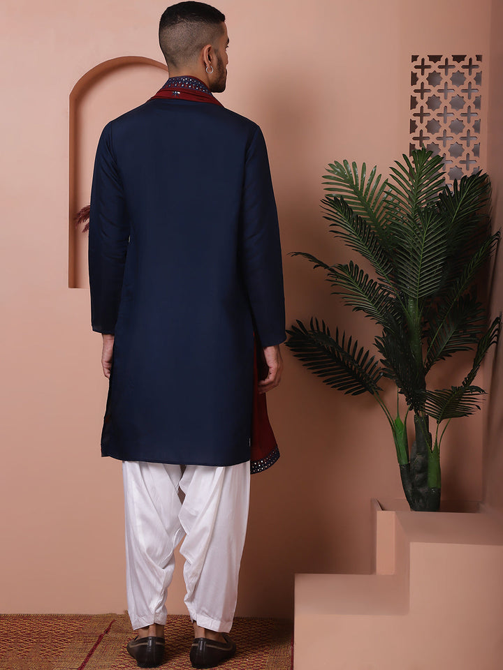 Embroidered Navy Blue Silk Blend Kurta Salwar And Dupatta Set For Men