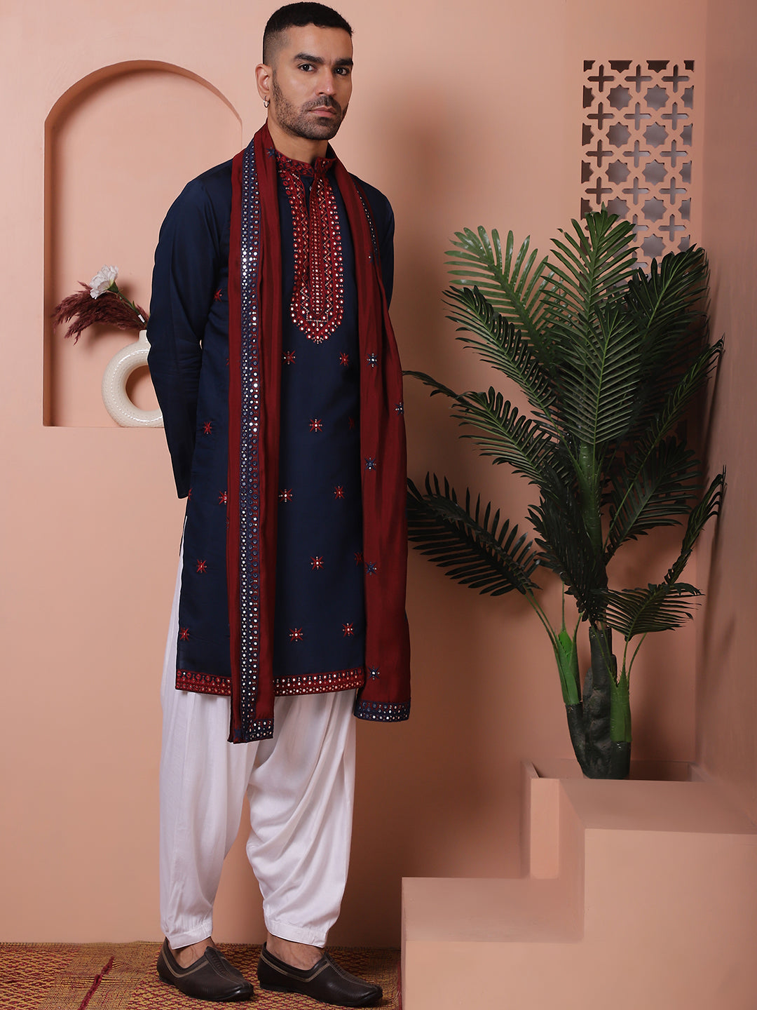 Embroidered Navy Blue Silk Blend Kurta Salwar And Dupatta Set For Men