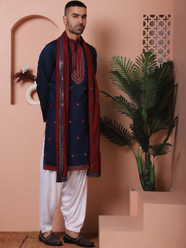 Embroidered Navy Blue Silk Blend Kurta Salwar And Dupatta Set For Men
