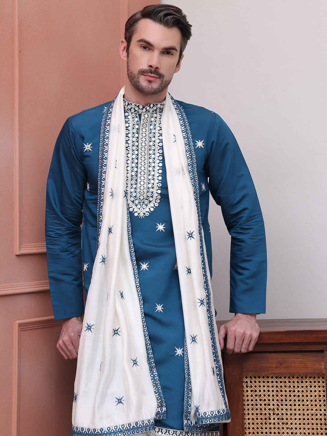 Embroidered Blue Silk Blend Kurta Salwar And Dupatta Set For Men