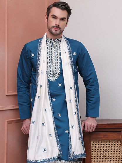 Embroidered Blue Silk Blend Kurta Salwar And Dupatta Set For Men
