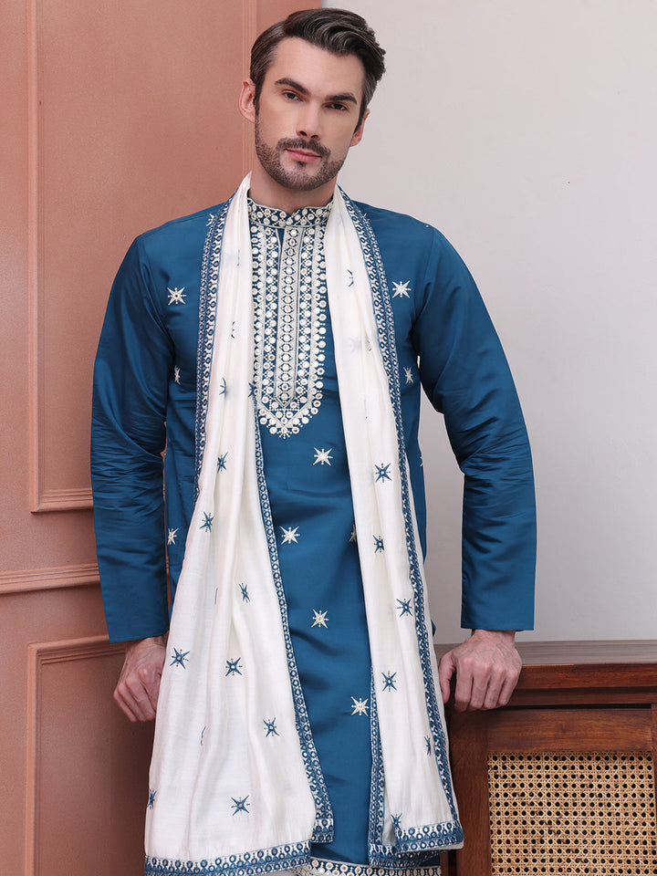 Embroidered Blue Silk Blend Kurta Salwar And Dupatta Set For Men