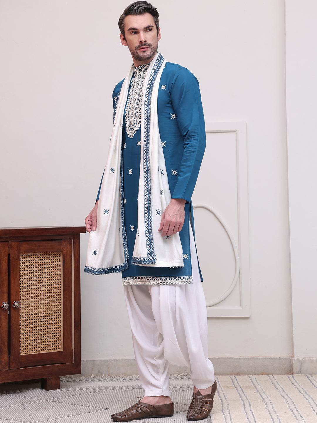 Embroidered Blue Silk Blend Kurta Salwar And Dupatta Set For Men
