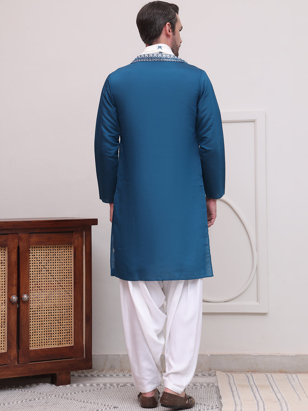 Embroidered Blue Silk Blend Kurta Salwar And Dupatta Set For Men